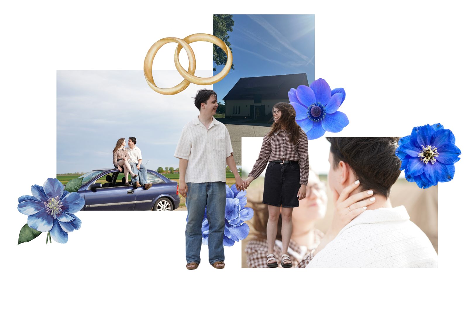 Sonja und Max &ndash; Hochzeits-Collage mit Eheringen und blauen Blumen